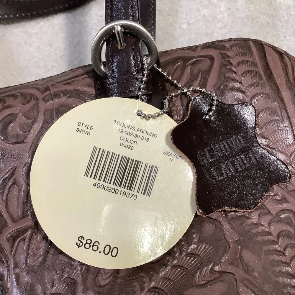 Valerie Stevens Vtg Genuine Leather Tooling Around Brown Embossed Handbag Rare - Picture 12 of 12